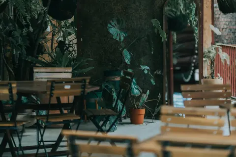 Borde, stole og grønne planter på en café og bistro i Hanoi